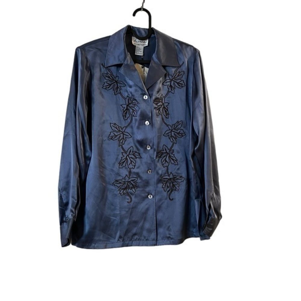 NWT Y2K Linea Louis Dell’Olio 100% Silk Embroidered Blue Satin Blouse, S